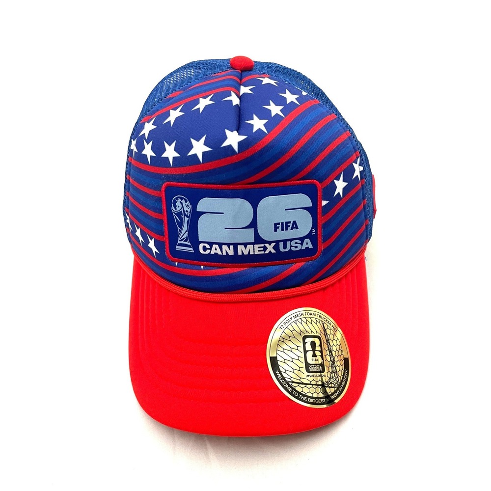 NEW FIFA World Cup 2026 CAN MEX USA Host Trucker Hat OS Red White Blue Snapback
